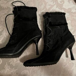 Anne Klein Black suede Heeled Boots lace up Pointed Toes fur lined